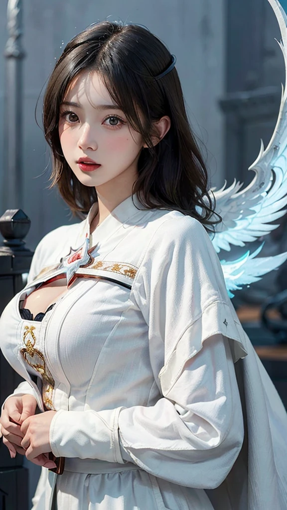 (Highest quality, masterpiece:1.3), shape, ((Beautifully detailed face)), Beautiful and detailed skin, Intricate details, Very detailed, Best image quality in 8K,Fantasy,A world of swords and magic,ファイナルFantasy,(White Mage:1.5), (18-year-old female:) (Large Breasts:1.2),Japanese girl,,(Detailed Hair,Bobcut:1.6,Black Hair),Detailed lips,Open your mouth,blush,Embarrassing,(whole body:1.8), (Castle),Realistic Face,Realistic Skin,(Vibrant Skin),Vivid lips,Lip gloss