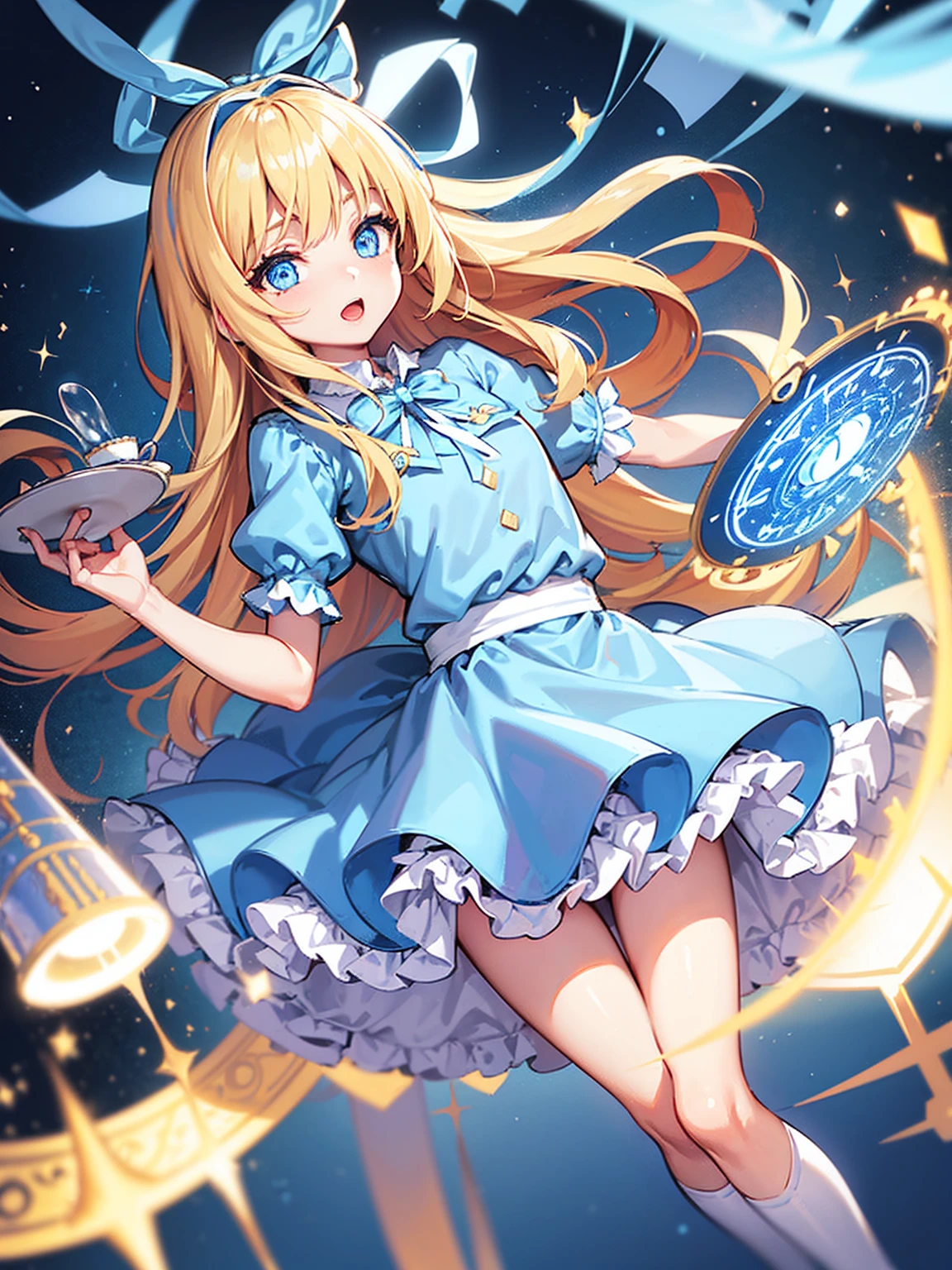 Alice, (Alice in Wonderland:1.1), cartoon illustration, 1cute girl with long-hair, (blonde-hair:1.2), floating long hair, open mouth, (light-blue round eyes:1.5), blue puffy sleeves, horizontal striped thigh-highs, blue apron, blue dress, (white and blue outfits:1.3), hair-ribbon, (big-blue-ribbon on head:1.4), teacup, cup, clock, antique watch, open book, saucer, in dark library, falling pose, her feet out of frame, 1arm out of frame, (dutch-angle:1.2), dynamic angle, cinematic lighting, glitter,
