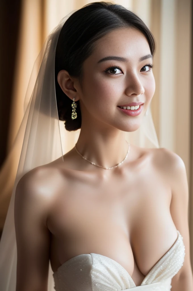 Full length body photo, photo taken can see from head to toe, asian beautiful woman in a white wedding dress, topless and revealing, exposing her large (((bare breasts))), veil, beautiful detailed eyes, beautiful detailed lips, extremely detailed face, happy smile, long eyelashes, seductive pose, sensual, erotic, photorealistic, 8k, high quality, dramatic lighting, cinematic, chiaroscuro, warm color tones, (((zoom out))), (((no close up))), facing the camera, body facing camera, wearing diamond necklace and bracelet,