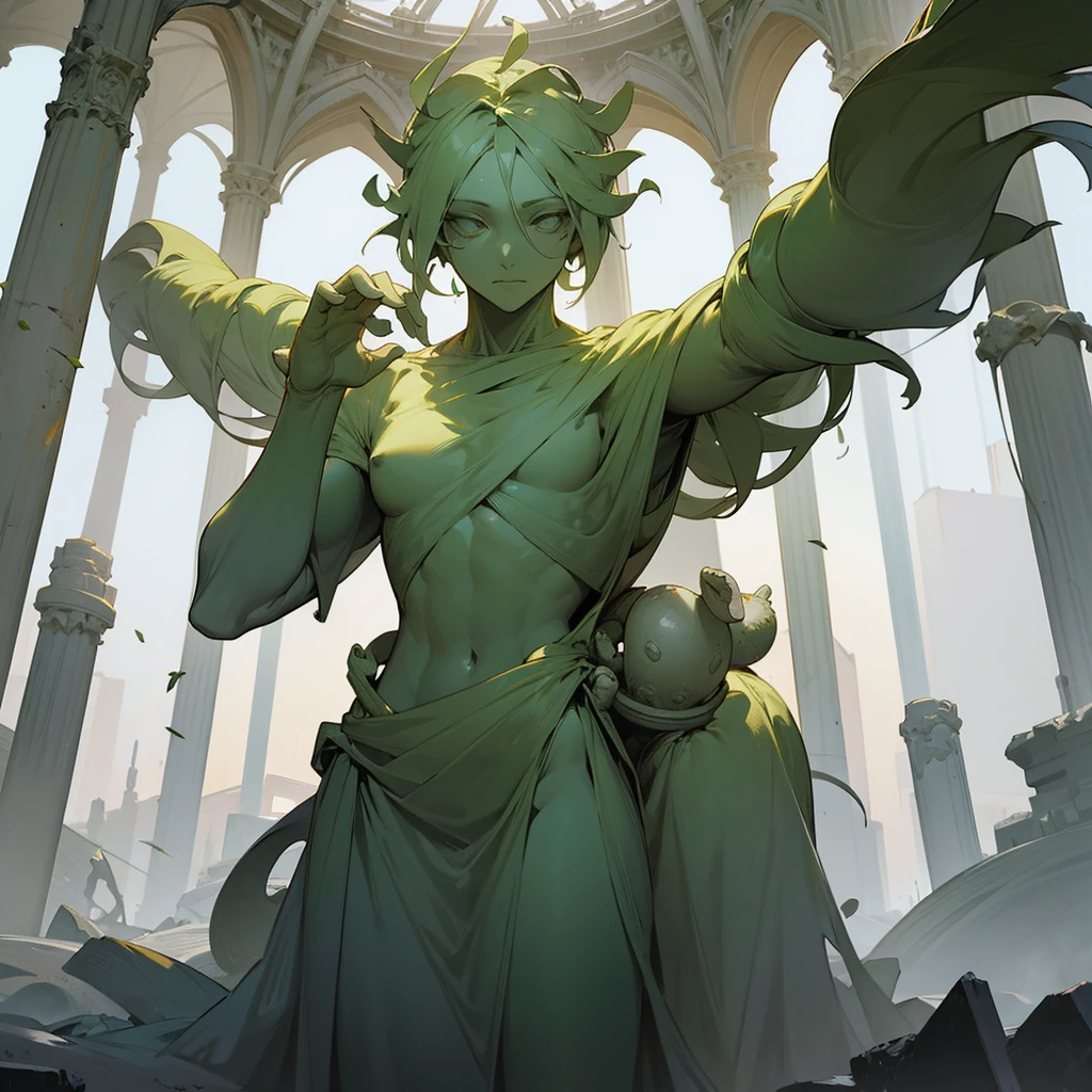 Magestic Statue made of Sulfur, ruins, under the surface, four arms