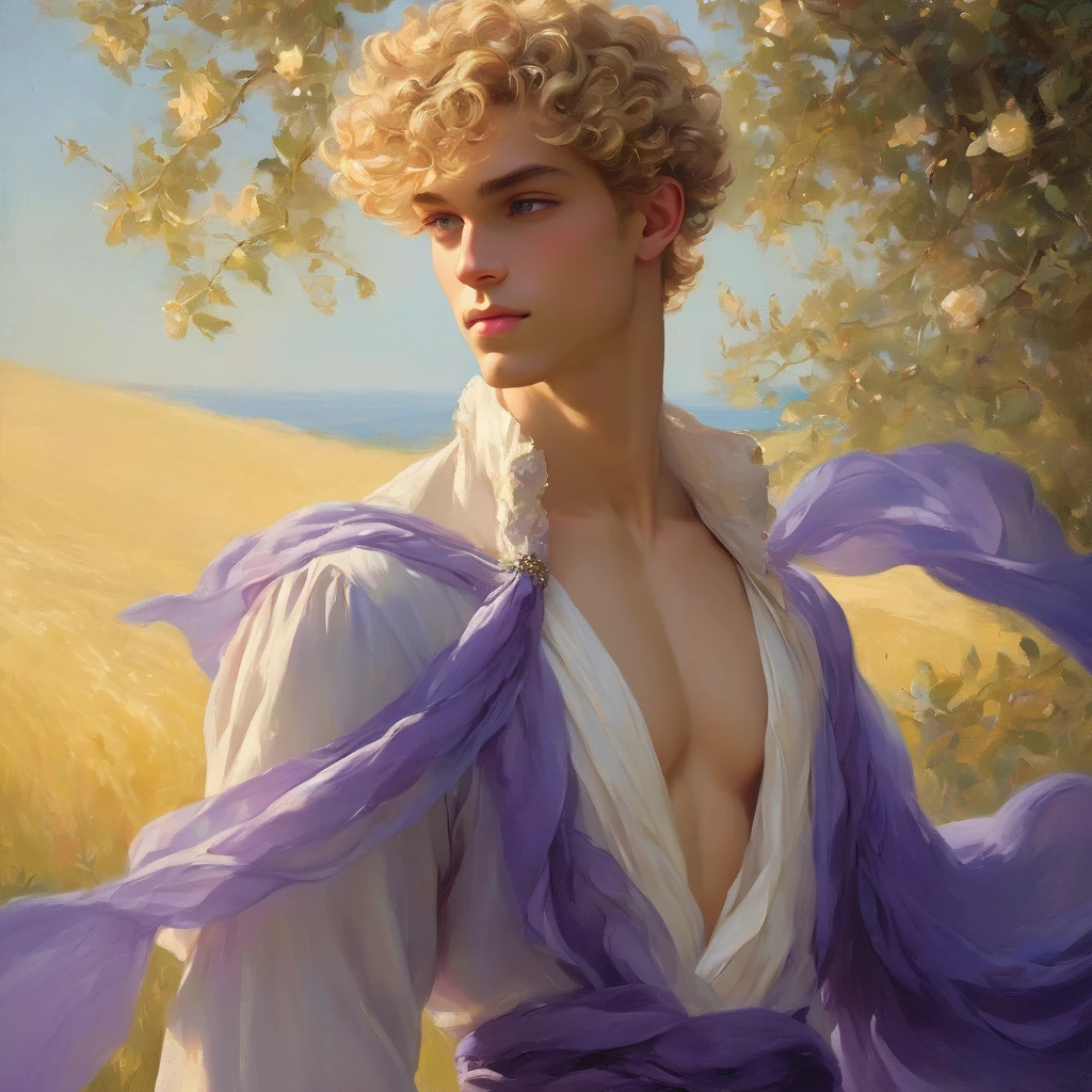 candid an photo of prince charming, 23 year old male supermodel, attractive and exotic, short curly blonde hair, a masculine appearance with slender smooth body, delicate and symmetrical face, natural olive skin tone, pose in a graceful contrapposto stance, inspired by Irises by Vincent Van Gogh 1889, he is wrapped in classical drapery sheer purple pastel color fabric, with flowing dramatically in the strong wind, some fabric to billow as if caught, The composition include mythological elements, such as a backdrop of a serene with a golden sunrise and nymphs to frame the scene. Illuminate the scene with soft diffused lighting to create a dreamlike, celestial atmosphere, capturing the delicate interplay of light and shadow on his face and body. ((full body shot)), wide-angle lens on a high-resolution DSLR camera to capture the grandeur and intricate details of the setting, while shooting from a dynamic angle to emphasize the model's majestic presence. The overall mood should blend the classical elegance of Botticelli's work with a modern, high-fashion aesthetic, producing an image that feels both timeless and contemporary, adding the Two Cherubs in the sense to balance and harmony the photo, evoke the soft ethereal quality of the Renaissance style, POV, raw photo, ((masterpiece)), ((best quality)), High Resolution, (ultra_realistic), (photorealistic), (NSFW), ((Pay attention to the layer and arrangement of body and surrounding)), ((Pay attention to the body composition)), ((Correct body structure)), ((Correct distance)), romantic atmosphere, lively extremely Gorgeous background,