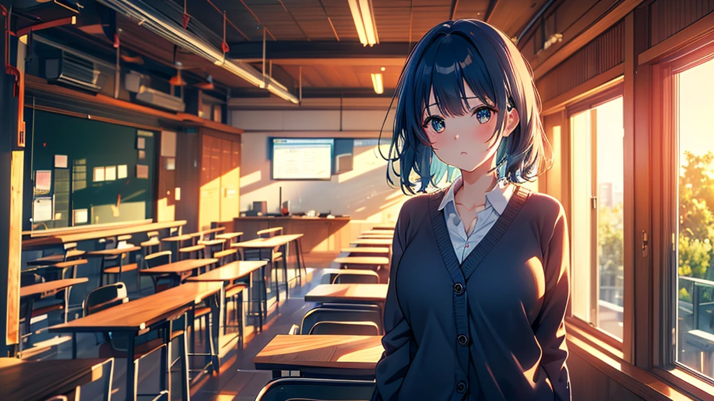 akanekurokawa, akane kurokawa, Aqua Eye, Blue Hair, Medium Hair, Side Lock,blush,
break black カーディガン, Black Pantyhose,Brown Loafers,Pull down the hem of your cardigan,Embarrassing,内股にしてある
break looking at viewer,
break indoors, classroom,
break (masterpiece:1.2), Highest quality, High resolution, unity 8k wallpaper, (shape:0.8), (Fine and beautiful eyes:1.6), Highly detailed face, Perfect lighting, Highly detailed CG, (Perfect hands, Perfect Anatomy),