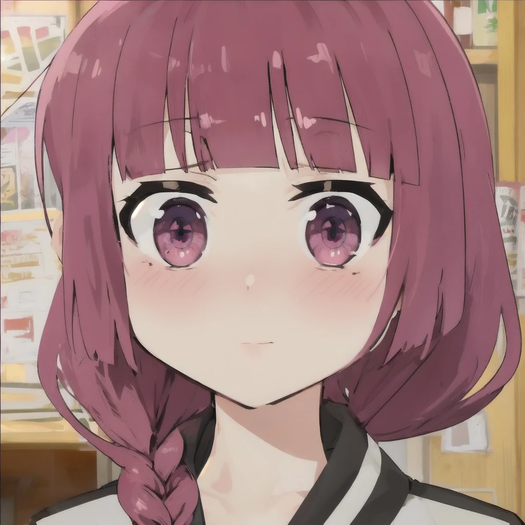 1 girl, magenta hair and eyes, braid, drunk blush.