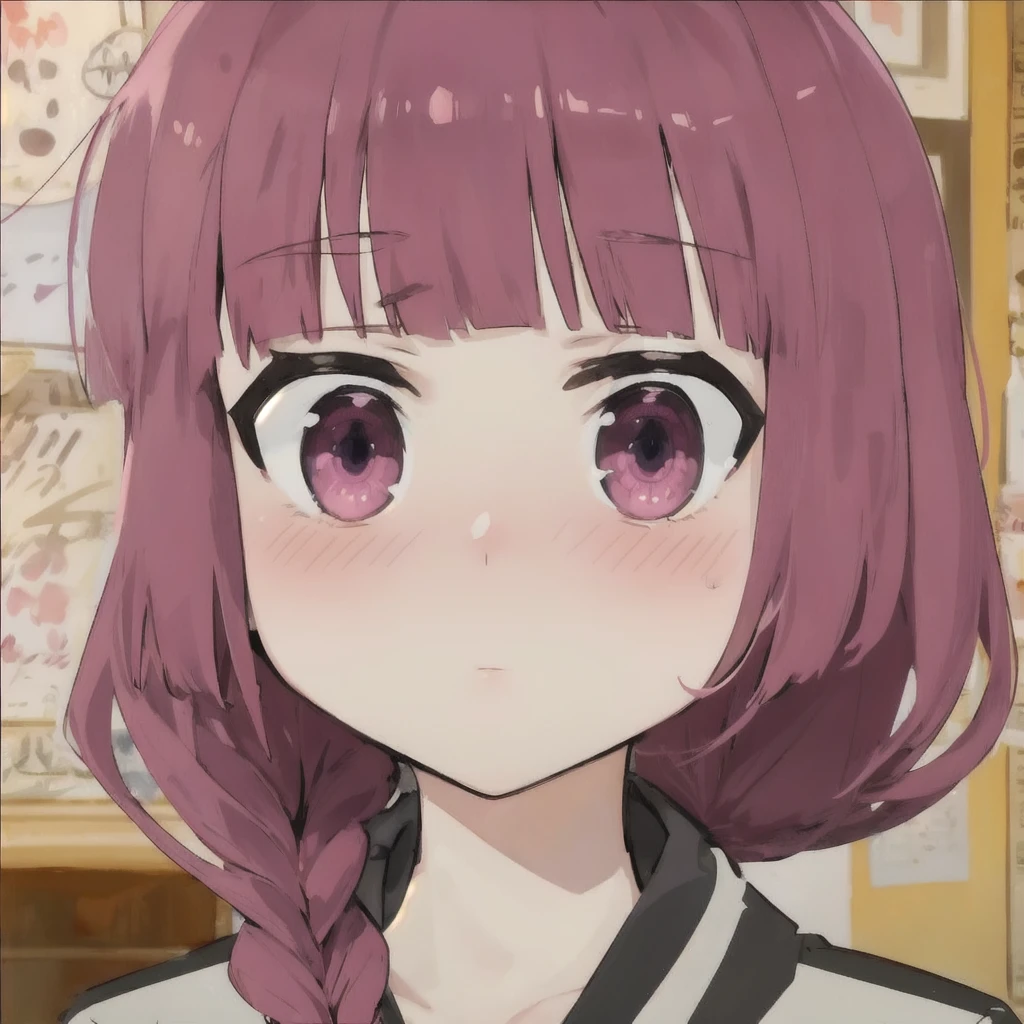 1 girl, magenta hair and eyes, braid, drunk blush.