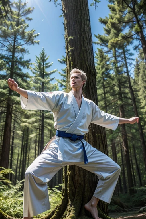 A tall white-skinned man wearing a blue kimono practicing karate moves on a tree in a beautiful forest on a sunny day
