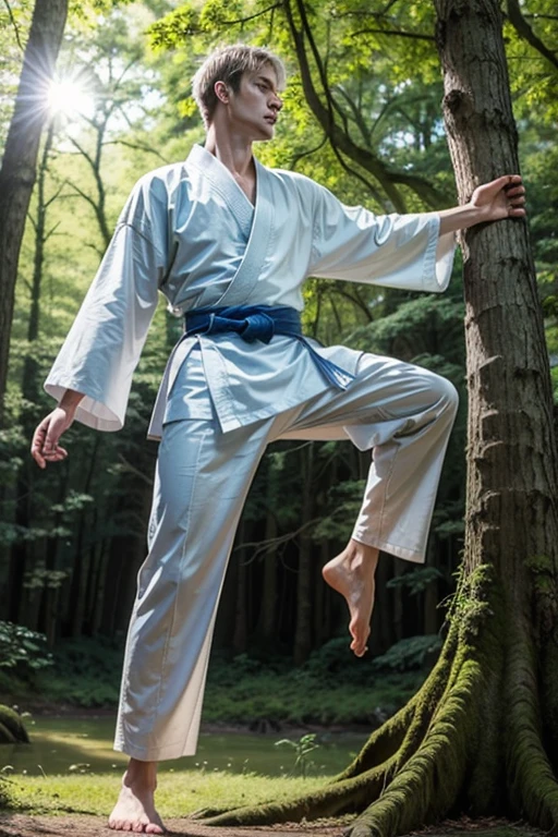 A tall white-skinned man wearing a blue kimono practicing karate moves on a tree in a beautiful forest on a sunny day