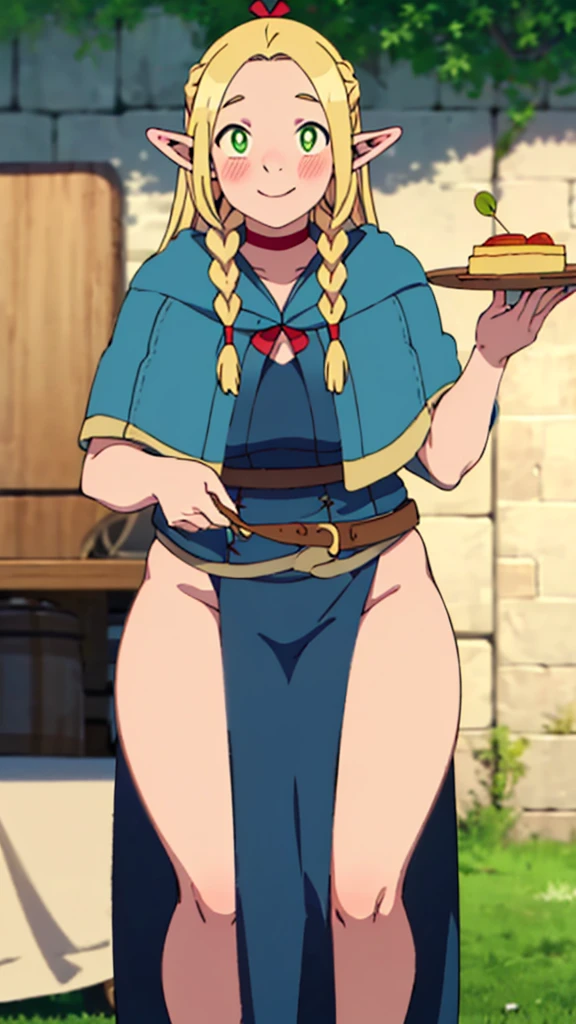 ((masterpiece,best quality)), absurdres,
Marcille_Donato_DungeonMeshi, 
1girl, solo, blonde hair, long hair, twin braids, elf, pointy ears, green eyes,
red choker, blue capelet, 
eating, plate, spoon
solo, smile,  blush, looking at viewer,(((thick thighs)))