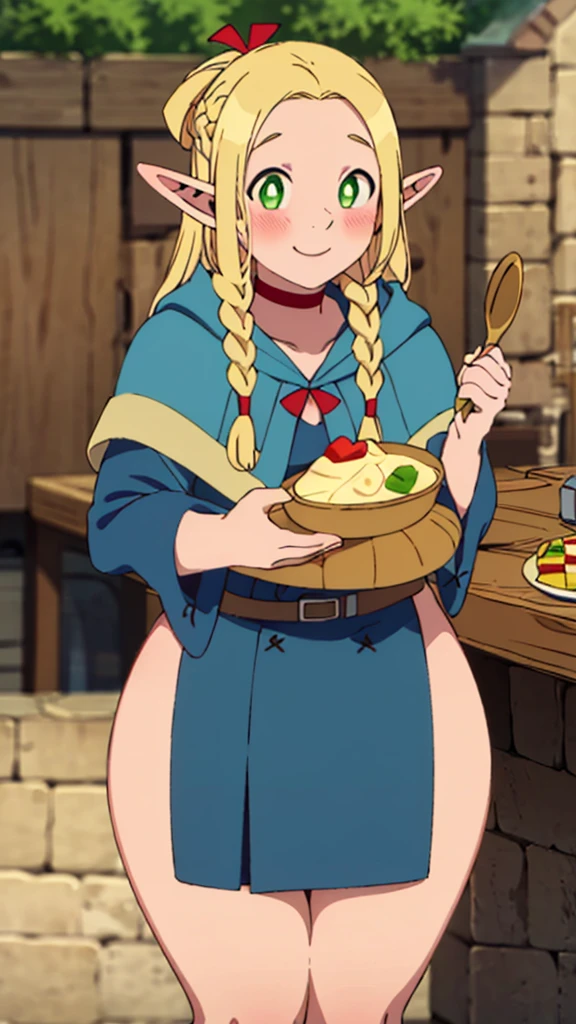 ((masterpiece,best quality)), absurdres,
Marcille_Donato_DungeonMeshi, 
1girl, solo, blonde hair, long hair, twin braids, elf, pointy ears, green eyes,
red choker, blue capelet, 
eating, plate, spoon
solo, smile,  blush, looking at viewer,(((thick thighs)))