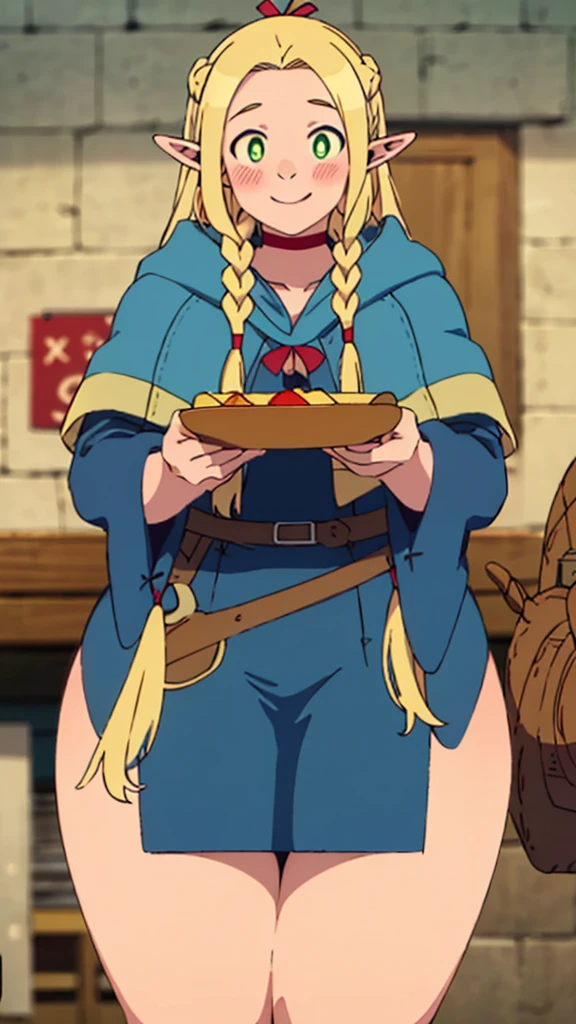 ((masterpiece,best quality)), absurdres,
Marcille_Donato_DungeonMeshi,
1girl, solo, blonde hair, long hair, twin braids, elf, pointy ears, green eyes,
red choker, blue capelet,
eating, plate, spoon
solo, smile, blush, looking at viewer,(((thick thighs)))