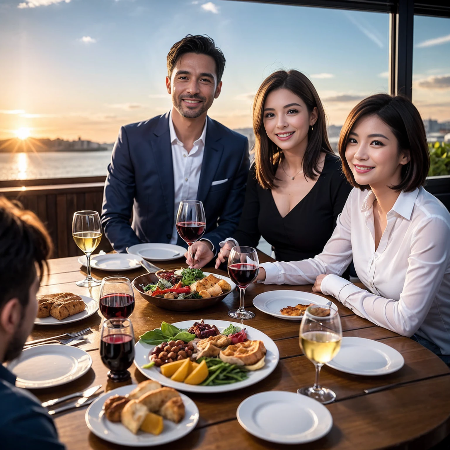 ((Highest quality、8k、masterpiece:1.3))、 (Genuineistic, Genuine、Bright image、Intricate details:1.2), 最高のsmile、1 male,1 female、Beautiful couple、spouse、fiancee、Good friends、actress couple、smile、Full-course dinner at a packed table、 (Slim face), (the body is slim), (Brown Hair), (short hair), テーブルのwine glass、Please shine a light on my face、 Amazing view of the sunset sky and clouds、 (42 years old)38 years old, red wine 、Appetizers、Wine bottle、sparkling wine、Long sleeve shirt、dress、White wine, red wine, wine glass, 