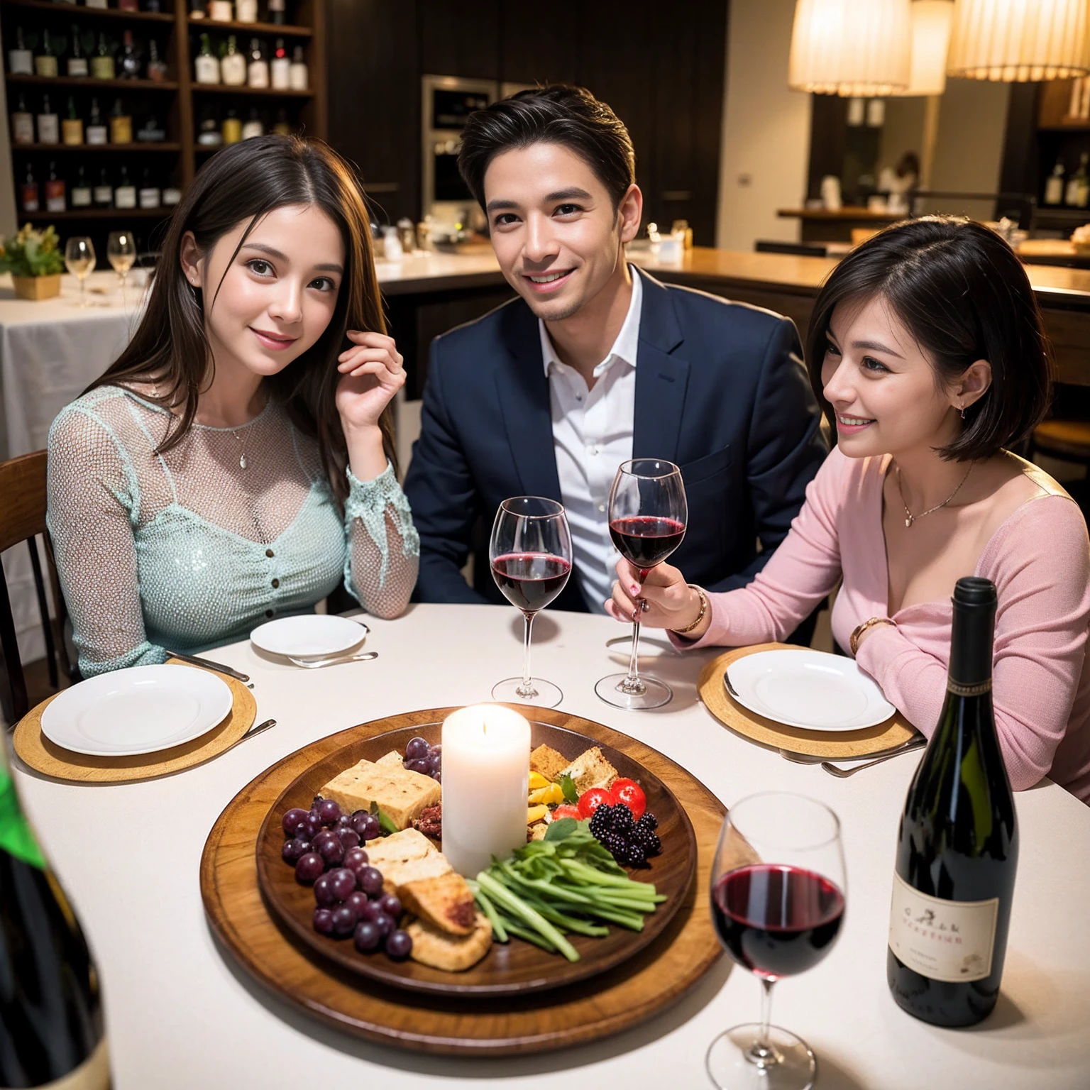 Detailed images that look like they were taken with a high-end camera、party、couple、banquet、Japanese sake、Shochu、hot sake、Japanese sakeファン、I love Japanese sake、because I'thin、Women who drink alcohol、36 years old、38 years old、Colombia、Brazilian、Japanese、Dutch、German、Portuguese、Belgian、chiri、American、french、Spaniard、Italian、Indian、Englishman、Cut your hair short、brown hair、beautiful woman with glasses and cup、Japanese sakeグラスとワイングラスには清酒が入っています.、720m of Japanese sake、1.You can also see the 8L sake bottle...、There is also Choshi、adult woman in her 30s、Have a nice smile while enjoying a drink.、The location is a hotel restaurant..、You can see the beautiful night view of the city outside the window..、The floor is the 1st floor、In the background you can see a man and a woman enjoying alcohol...。