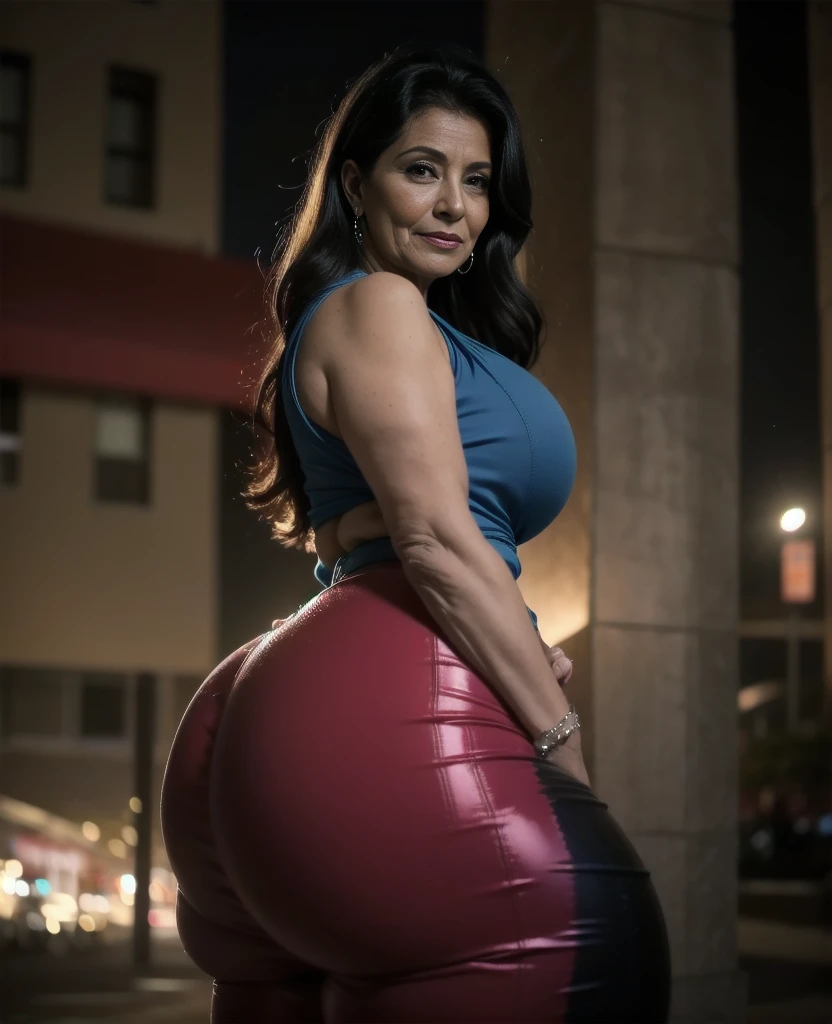Beautiful 65 year old grandmother, mulher idosa de cabelos brancos, with her back to the camera showing a huge ass, slate blue pants and blouse, cintura muito fina, quadril largo, beautiful grandmother, linda velha, night and urban scenery with bokeh and flares on camera