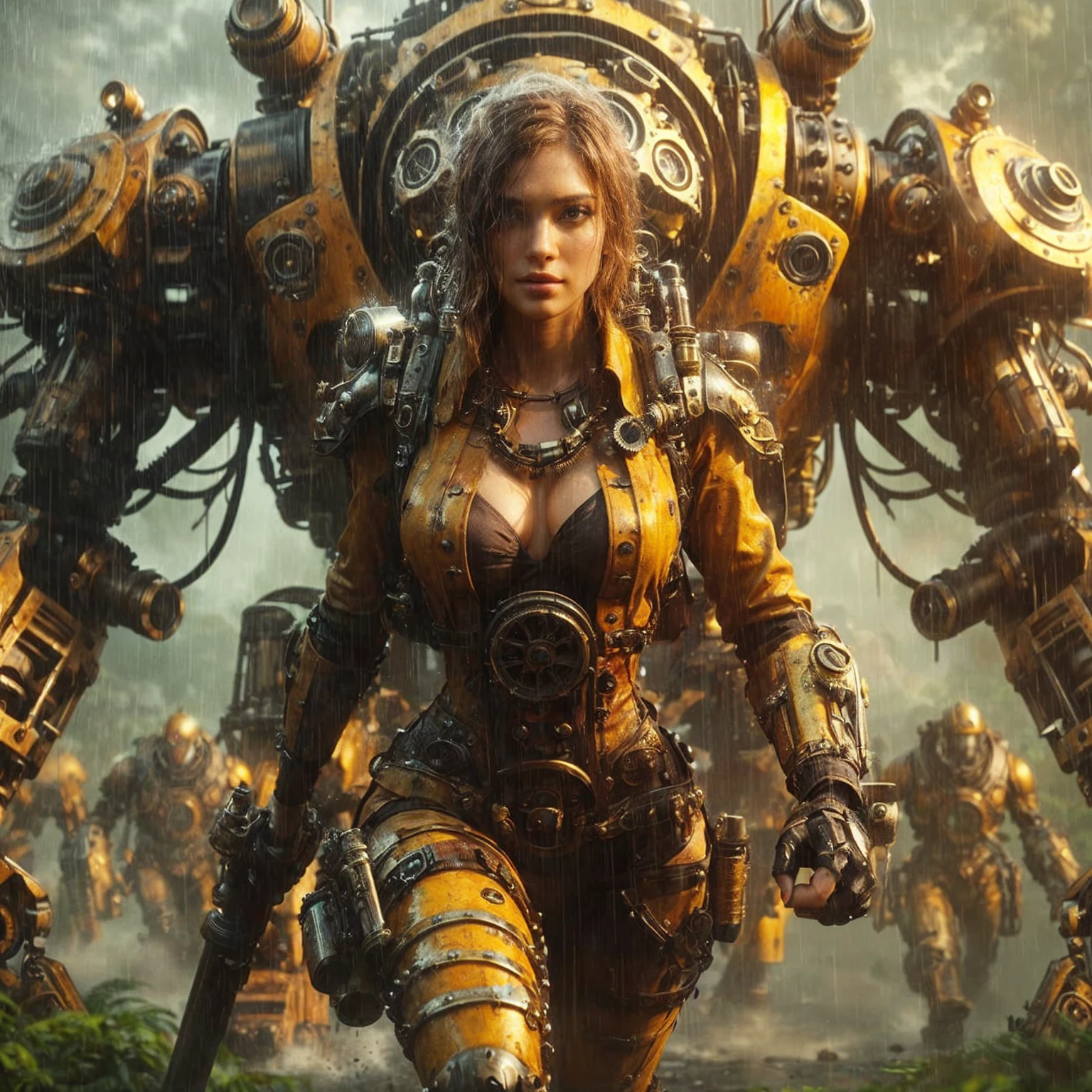 (masterpiece, best quality:1.2), (8k uhd, 16k, 32k, ultra high res), realistic photo, ultra sharp photo result, HDR10, superrealism, (The main subject: Wide-angle lens), (steampunk:1.2), beautiful female, (super beautiful face), legs, Power mechanical suit), (super intricate all details), (super realistic all textures), metallic yellow color, hydraulic cylinder, Rust, scars from previous battles, (steam engine like),cinematic poses in motion, Rain, humidity, jungle