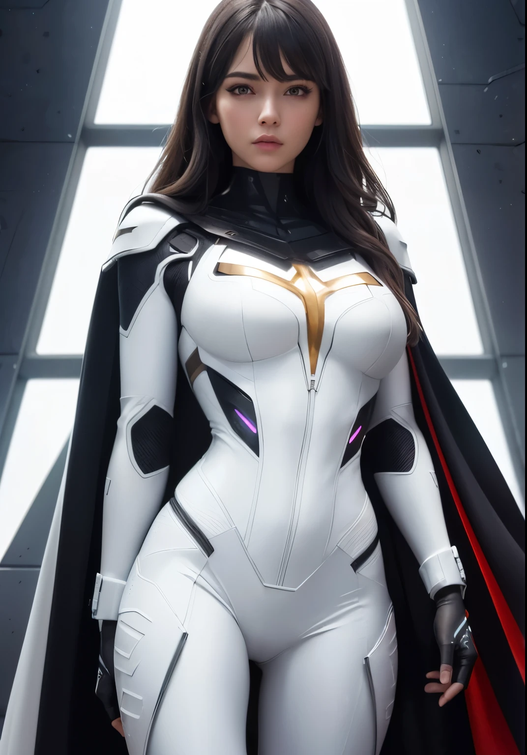Waist up ((Extremely detailed asymmetric realistic masterpiece)) hyperrealistic masterpiece, Superhero very beauty girl ((in futuristic aesthetic style)) in extremely detailed tech plugsuit, cinematic illumination: 8k, glowing, concept art, smooth, sharp focus, illustration