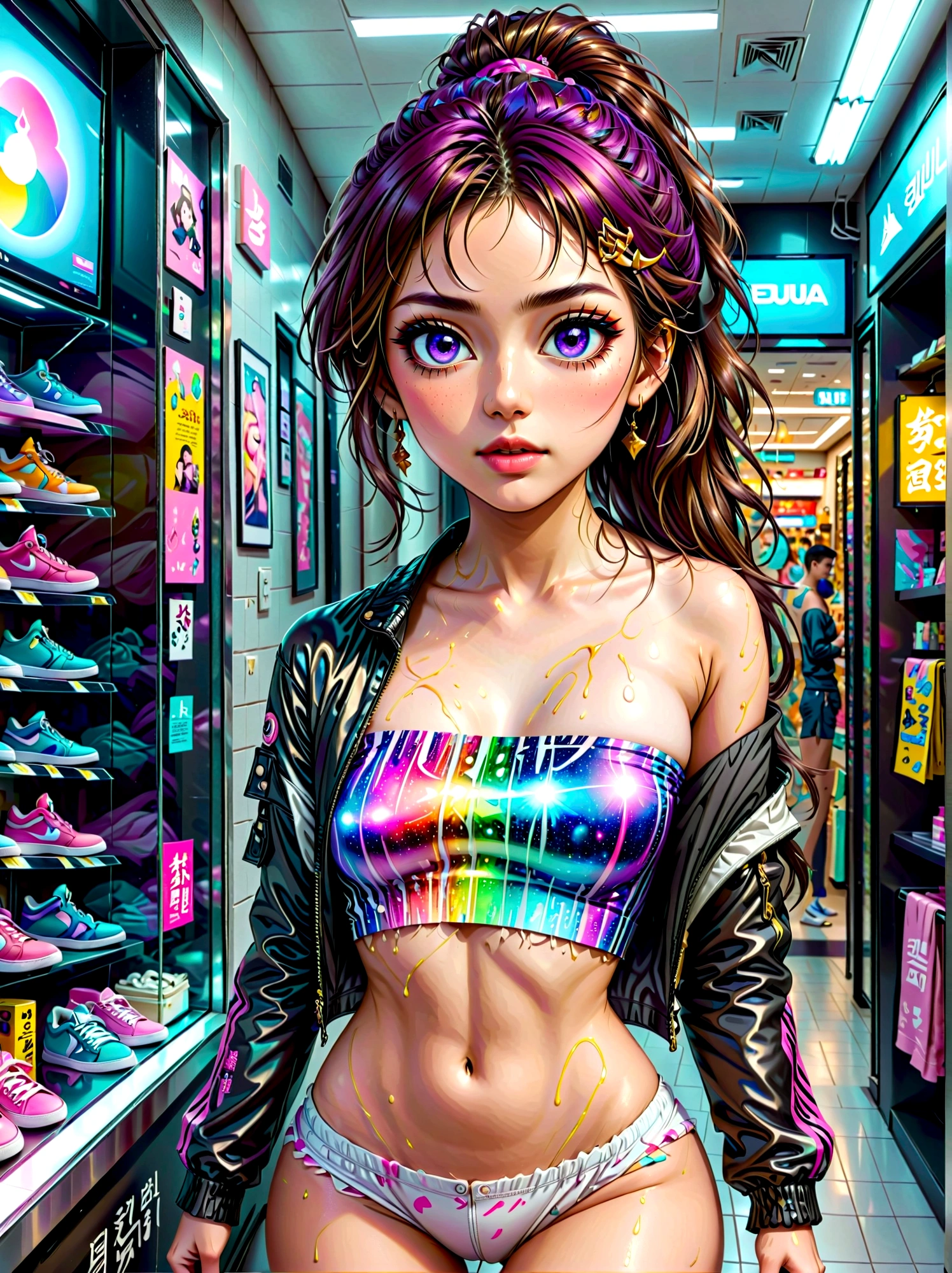 ((masterpiece)),Best quality,absurd,Ultra Detailed,holographic,Golden Ratio,Super cute and beautiful Asian idol girl,Very beautiful violet bright eyes,Beautiful colorful shiny brown hair,High Ponytail,good body shape,fit,Perfect body,Wearing a super tight anime print bodysuit,Super tight anime print off-the-shoulder long-sleeved navel-baring top,Ultra-Beautiful Sheer Mini Jacket,Beautiful hair accessories,Pink Jordan sneakers,Photographed in the store in the mall with her handsome thin boyfriend,Black hair messy and shiny,Wearing super casual clothes,Dark theme elements, Pencil Sketch