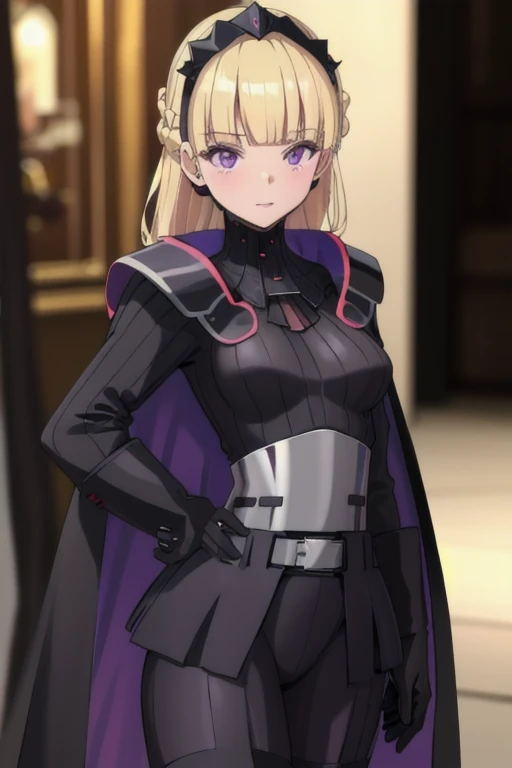 8k,highres,absurdres,masterpiece,best quality,original,extremely detailed CG,extremely detailed wallpaper,perfect lighting,1girl,solo,blurry_background,looking_at_viewer,
AmSW,long hair,blonde hair,black gloves,purple eyes,black hairband,cape,cape swing,black bodysuit,medium breasts,braid,blunt bangs,