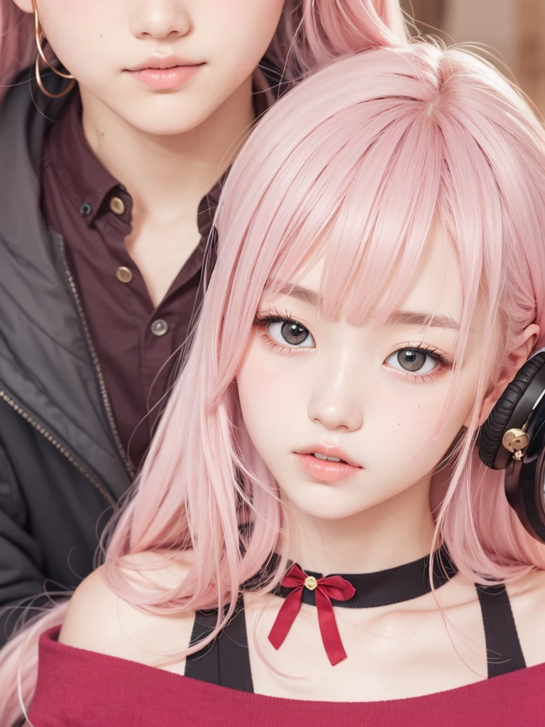 Female pink long hair, light pink clothing,  cute accessories,  red eyes, boyfriend in the background, japanese girl, 18 years old, realistic human