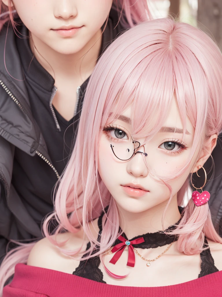 Female pink long hair, light pink clothing, cute accessories, red eyes, boyfriend in the background, japanese girl, 18 years old, realistic human