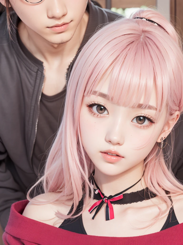 Female pink long hair, light pink clothing,  cute accessories,  red eyes, boyfriend in the background, japanese girl, 18 years old, realistic human