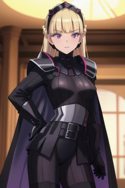 8k,highres,absurdres,masterpiece,best quality,original,extremely detailed CG,extremely detailed wallpaper,perfect lighting,1girl,solo,blurry_background,park,looking_at_viewer,
AmSW,long hair,blonde hair,black gloves,purple eyes,black hairband,cape,black bodysuit,medium breasts,braid,blunt bangs,