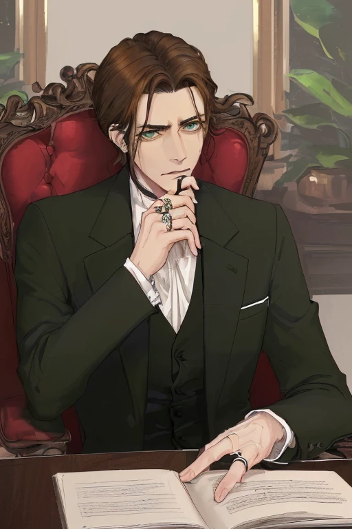 A tall man with brown hair and green eyes, with large dark circles under his eyes, with a serious expression on his face sitting in a luxurious chair in his mansion, with a scar on his mouth, wearing a black suit, ring on finger