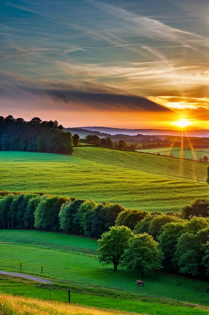 Original landscape，Sky and clouds,  sunrise，Tyndall effect，A country road，Colorful hot air balloon，High quality desktop wallpaper, Verdant forest, Detailed field properties, Beautiful English countryside, Stunning scenery, Rolling Hills, Landscape Wallpaper, Lush countryside, Green forests, Stunning scenery, Green fields in the background, High quality wallpaper, Beautiful wallpapers，Ultra high quality，Ultra HD，Ultra-high resolution