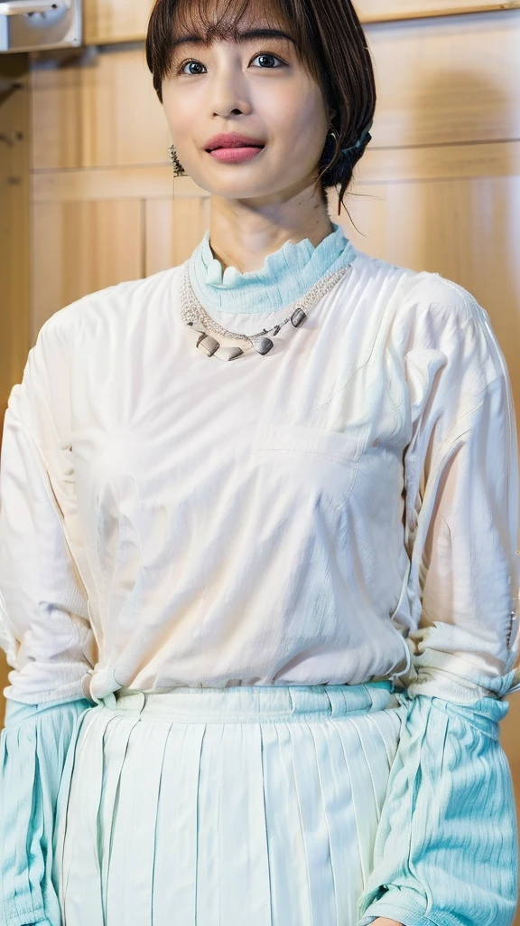 ((masutepiece,top-quality)), (photographrealistic:1.4),((masutepiece,8K))、white wall、(white room)、((full body photo))、shot in natural light、Highly detailed face and skin texture、highly detailed lips、correct state of the human body、Super high resolution、(Photoreal:1.4)、top quality, 1 beautiful woman, 28 years old, s, 250mm lens、Light yellow Knit、(Dark brown medium shorthair)、Japanese woman、(dark brown hair)、Versatile poses、looking at the camera、natural color lip、Winter clothes、 necklace、indoor