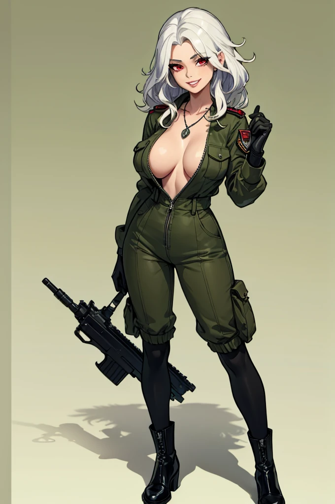 green solid background, 1 woman, best quality, ultra high res, long hair, full lips, white hair, red eyes, loose military jumpsuit, dog-tag necklace, smiling at viewers, wearing black gloves, wearing black combat boots, double D breast, standing, full body
