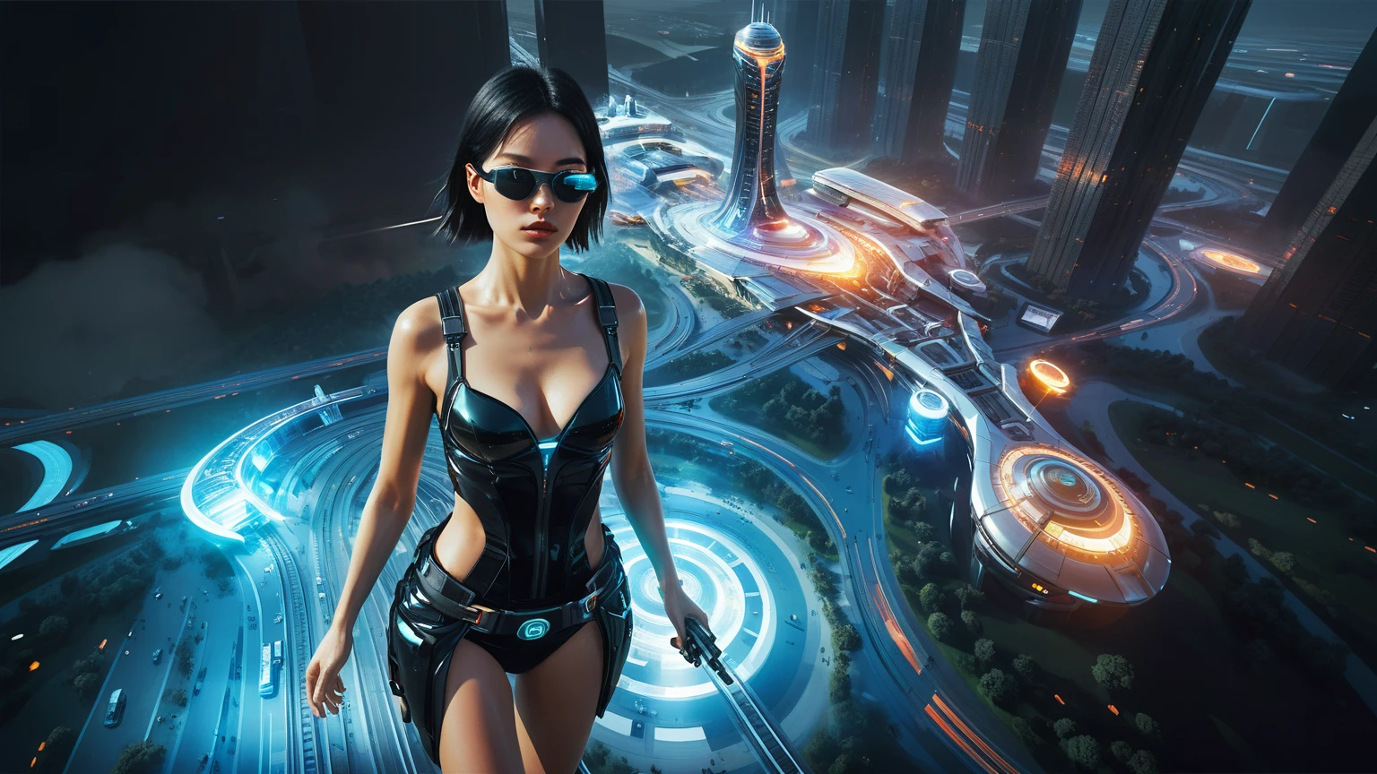 Brightly colored abstract aerial view image of a futuristic railway station with a spiral, a (((((futuristic train))))) passing by, epic beautiful space sci-fi, chaotic cinematic space rift, Greg Beeple, planets colliding, Beeple and Tim Hildebrandt, Beeple and Jean Giraud, end of the universe, galaxy space sci-fi, ringworld, by Mike "Beeple" Winkelmann. Matrix style, (((((Matrix cascading code))))), (((((a futuristic twin tower skyscraper with a unique twisted design))))), (((((OLED GUI interfaces in the building))))), at night, (((((1girl, solo))))), photo realistic, (((large-breast:1.2 body, cleavage))), (((off broken mini sling-shirt and black sling bra, extreamly short pleated miniskirt exposing panty))), (((((running pose))))), (((((((matrix style black micro sunglasses))))))), ((((((((((aiming with a short gun)))))))))), (((((looking at camera))))), (((very low view))), (((((half-body thigh level medium shot))))), (((cinematic lighting))).