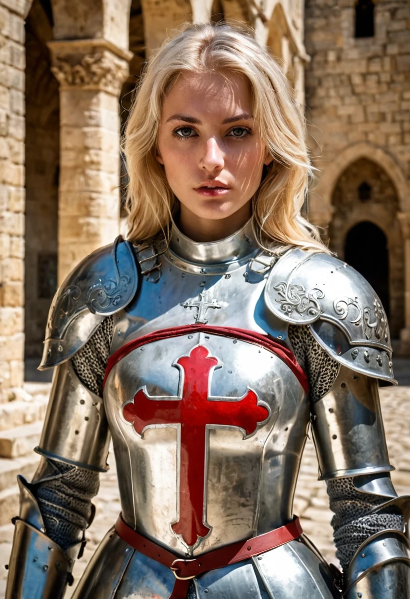 Highest quality, erotic photo of a (beautiful Italien woman Crusader of The Knights Templar), detailed facial features, elegant blonde hair, serious expression, looking at viewer, (wearing skimpy steel plate armor with white Surcoat which depicts the red  cross patte), guarding a holy Christian temple in 1300s Jerusalem, toned body, large breasts, (detailed skin), fine details, natural lighting, sunlight, warm weather, [shadows], photographed on a Nikon D850, 50mm F/5.6 lens, ISO 100, HDR, 8k, highly detailed, sharp focus, Cinestill 800T, film still from Kingdom of Heaven, front view, eye focus, (full body:0.9)