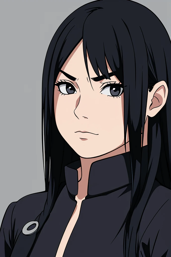 masterpiece, (solo), absurdres, portrait, ((upper body)), ((close up)), detailed background, fine detail, HDR, female, black hair, long hair, black eyes, ninja uniform, black jacket, white shirt, hair over one eye, neutral expression