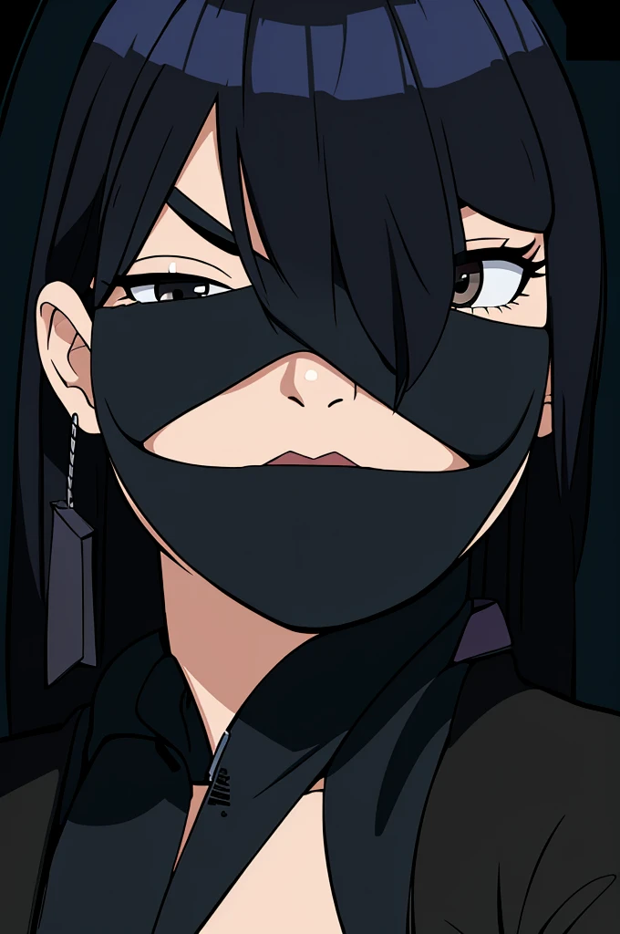 masterpiece, (solo), absurdres, portrait, ((upper body)), ((close up)), detailed background, fine detail, HDR, female, black hair, long hair, black eyes, ninja uniform, black jacket, white shirt, hair over one eye, neutral expression