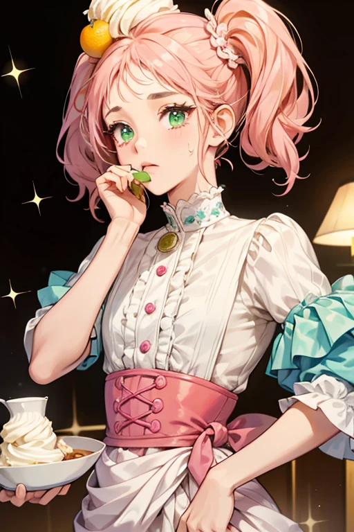 she has a brown beak, pink cheeks, and a furrowed brow. sHe has brown syrup on her head which runs down the sides of her face and resembles sideburns. On her head, she has a green scoop of ice cream, a banana slice, an orange slice, and two small dollups of whipped cream.  looks like he has a plate with whipped cream around his waist. SPARKLE; GLITTER