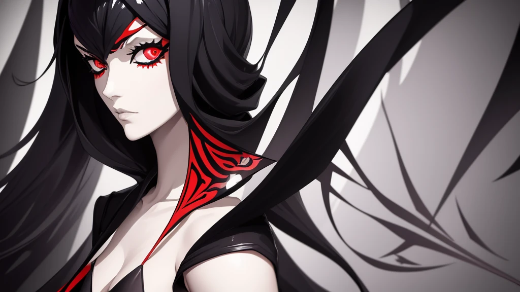 Close-up of a person with a sword and a dress, Works inspired by Kano Hogai, Inspired by Ryuko Kawabata, Persona 5 Phantom Thief Style, Dark high contrast concept art, Inspired by Ryukosai Jokei, Full body concept, Persona 5 Art Style, Goth Ninja, Benedic Bana