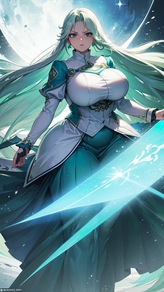 (high detailed)) 27 yo's woman, light cyan hair, green Pandora's clothes,big And round breasts, gorgeous thicc plump body,angry expression,furious eyes,Green satellizer's outfit,Very long skirt, holding handblade, action position, mouth opended, perfect anatomy