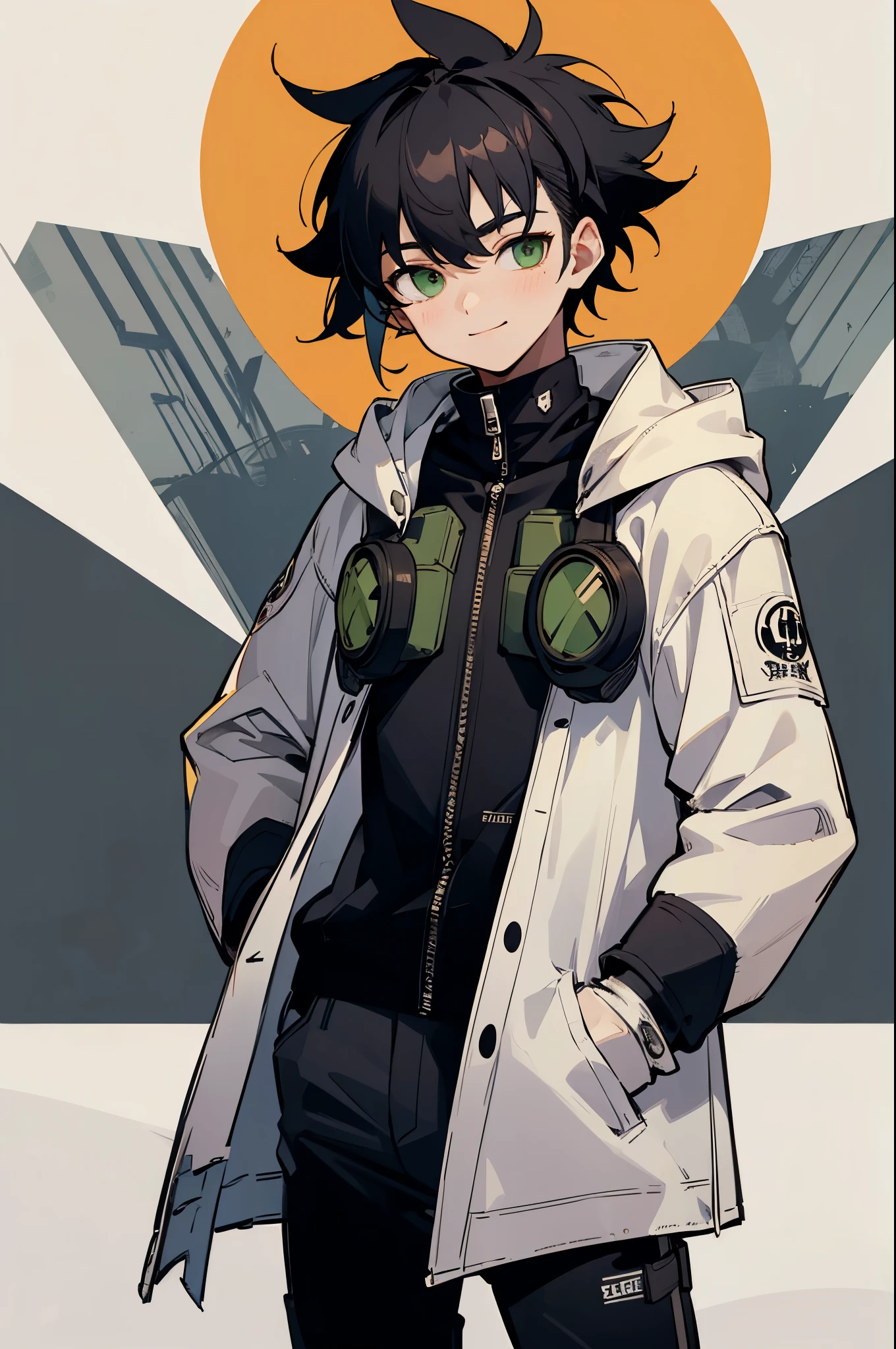 ultra detailed, masterpiece, best quality, solo, cowboy shot, parororostyle, smile, 1boy, green eyes, short hair, black hair, bangs, hair between eyes, messy hair, (goggles on head:1.3), headband, white coat, hooded coat, hood down, open coat, turtleneck, capri pants, pants, black knee boots, arms in pockets