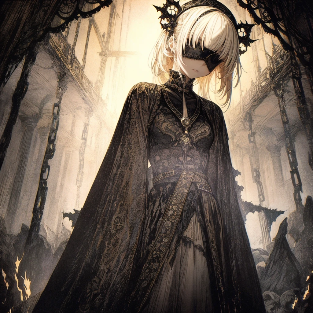 base layer: A spooky basement with a highly complex fractal background based on mystical symbolism, Breaking the middle class: A girl wearing a bloody white gothic dress, super long blonde hair and blunt bangs, Split Foreground Layer: Blindfolded with a black belt, BREAK effect layer: Emphasizes a mysterious and eerie atmosphere, Break Final touches: emphasize gothic, Spooky atmosphere with subtle lighting and shadow effects.
