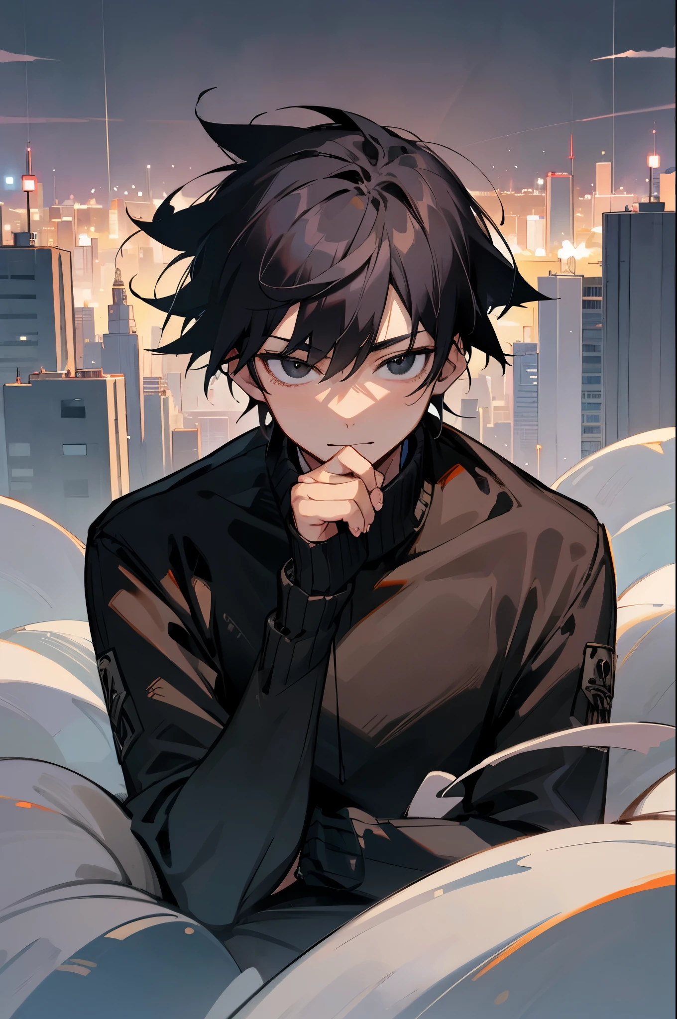 man, young man, man black hair, black eyes, black sweater, photo in the city at night, anime portrait, night city view, extremely detail
