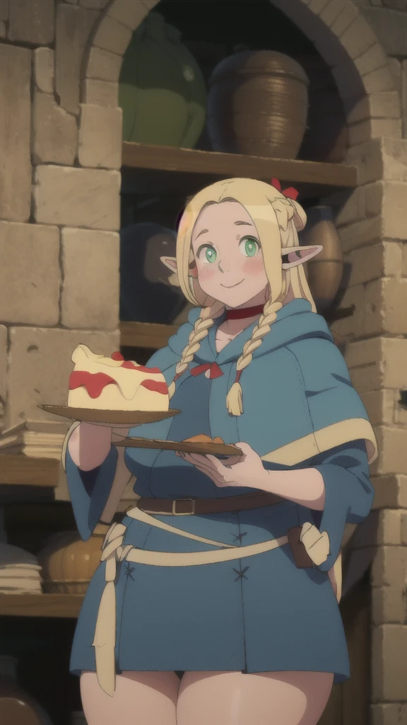 ((masterpiece,best quality)), absurdres,
Marcille_Donato_DungeonMeshi,
1girl, solo, blonde hair, long hair, twin braids, elf, pointy ears, green eyes,
red choker, blue capelet,
eating, plate, spoon
solo, smile, blush, looking at viewer,(((thick thighs))) thin waist, gigantic breasts,