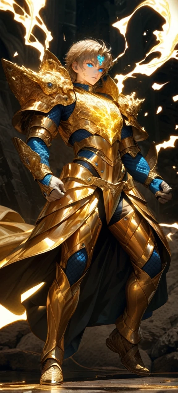  High quality, ultra realistic,absurdres, highres, ultra detailed, HDR, masterpiece, extremely detailed face and eyes,  Sagitarius Seiya, Saint Saiya , Golden Armor, solo, ,man, handsome, ,white eyeleshes, blue eyes , , Golden splashing effect, Golden lightning  effect,glowing glitters ,full body view,  symetrical 