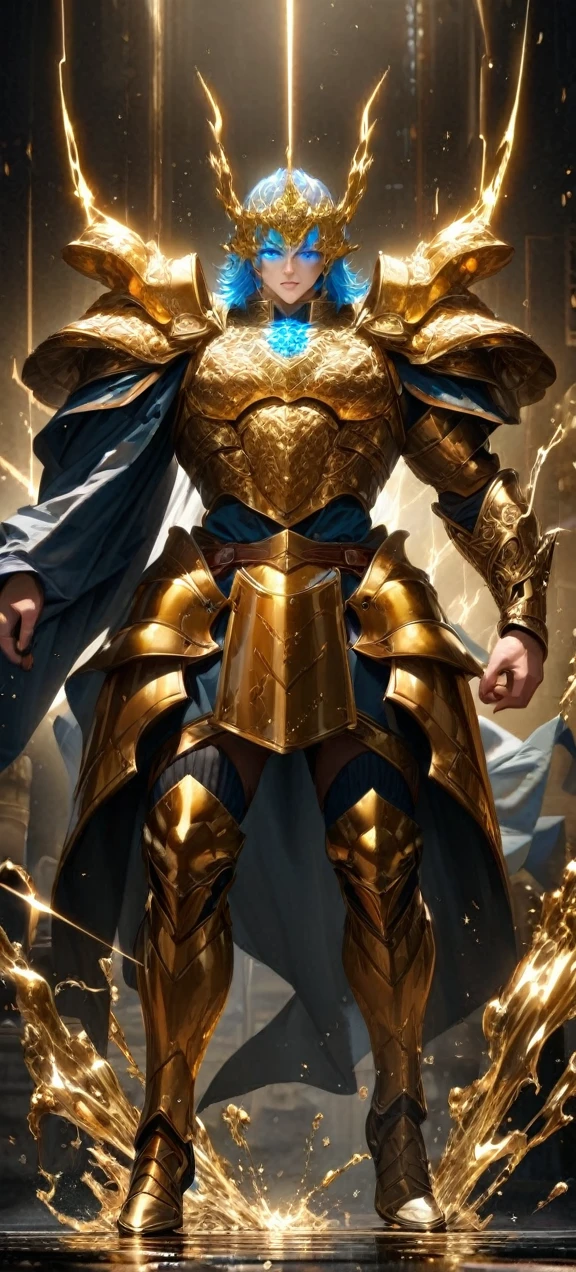 High quality, ultra realistic,absurdres, highres, ultra detailed, HDR, masterpiece, extremely detailed face and eyes, Sagitarius Seiya, Saint Saiya , Golden Armor, solo, ,man, handsome, ,white eyeleshes, blue eyes , , Golden splashing effect, Golden lightning effect,glowing glitters ,full body view, symetrical