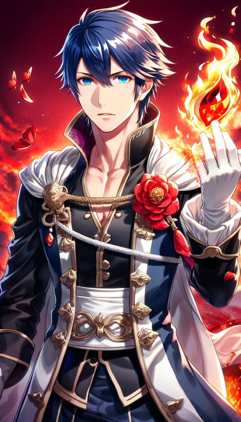 absurdres, highres, ultra detailed, HDR, master piece, best quality, Chrom, dark blue hair, expressive blue eyes, fire emblem awakening, solo, sexy man, handsome, black prince clothes, white cape, white gloves, magical, fantasy, shining, red sky, red flowers, red blossoms, red butterflies, red petals