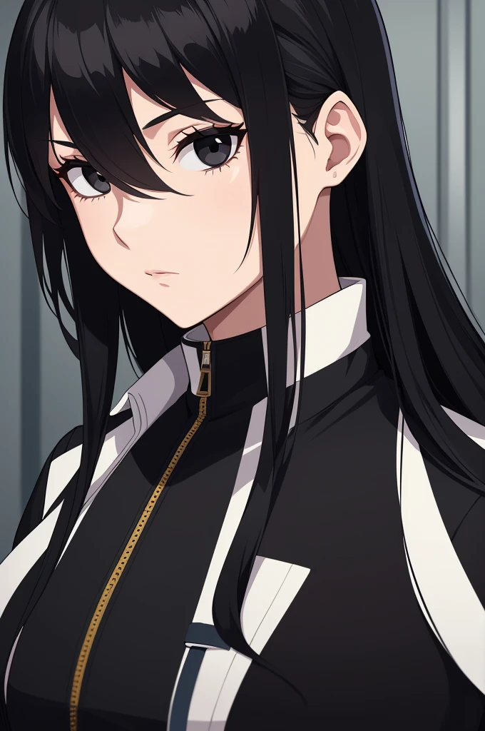 masterpiece, (solo), absurdres, portrait, ((upper body)), ((close up)), detailed background, fine detail, HDR, female, black hair, long hair, black eyes, ninja uniform, black jacket, white shirt, hair over one eye, neutral expression
