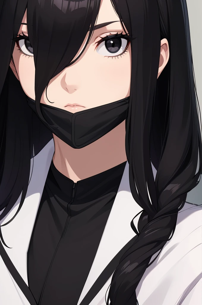 masterpiece, (solo), absurdres, portrait, ((upper body)), ((close up)), detailed background, fine detail, HDR, female, black hair, long hair, black eyes,  ninja uniform, black jacket, white shirt, hair over one eye, neutral expression