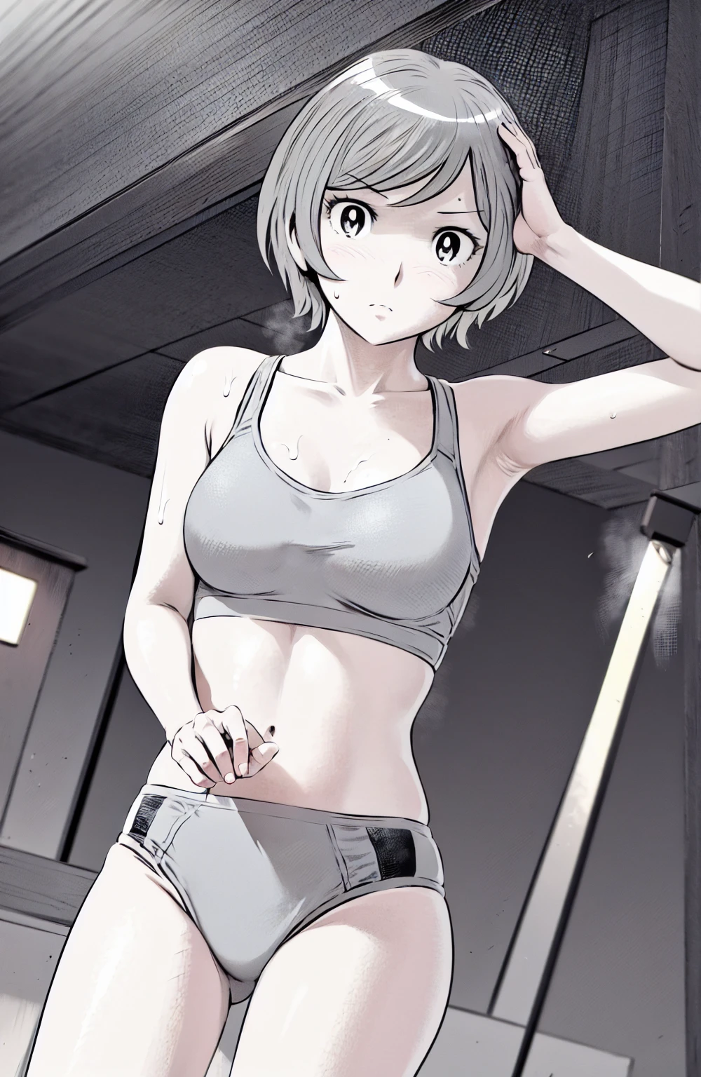 Grey sports bra、Grey panties、(masterpiece、Highest quality)、Highest quality, Ultra-high resolution, (((masterpiece))), alone, Sweat、Big eyes, Please show me your armpits, Composition from the front、(Short back hair、short hair、blonde、woman)、(Manga style:1.1)、Shortcuts、Embarrassed face、Cut your hair short、可愛いwomanの子、Big Breasts