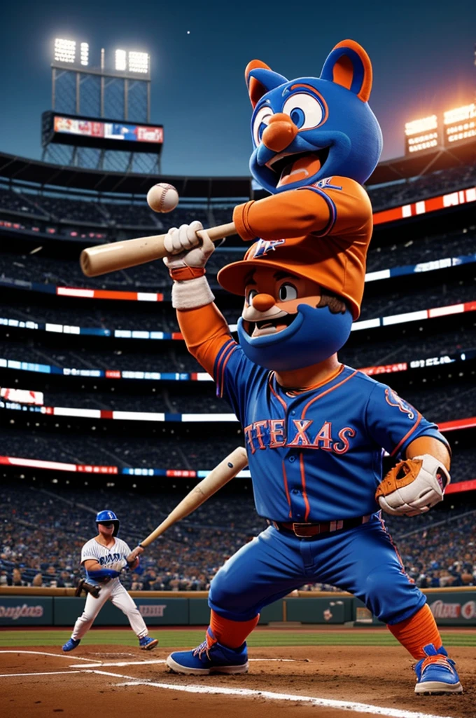 A captivating cinematic 3D render of a fictional stadium showdown between Mr. Met, the Mets mascot, and the Texas Ranger mascot. Set at night, the stadium is filled to capacity with a highly energized crowd, all cheering on their favorite mascots. Mr. Met stands with his baseball bat poised, while the Texas Ranger mascot, a cowboy-like figure, holds a pistol. Both mascots display fierce expressions of determination, and the electric atmosphere is palpable. The stadium lights illuminate the battle between these beloved characters, creating an unforgettable scene., poster, photo, cinematic, 3d render
