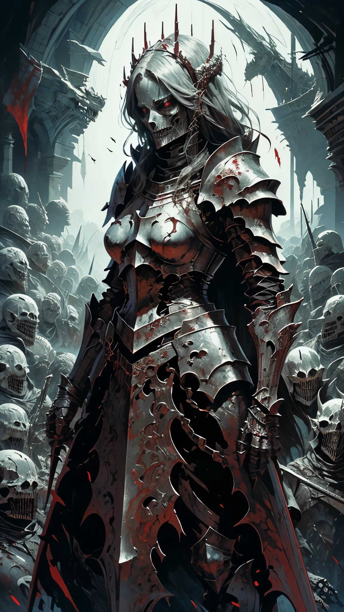 a dragon girl warrior holding a giant sword,wearing a full plate armor without helmet,starring at camera with a lunatic smile on face,cover with blood on the bones of her skeleton body,dark fantasy,medieval,dark souls,(blood: 1,5),detailed,realistic,4K