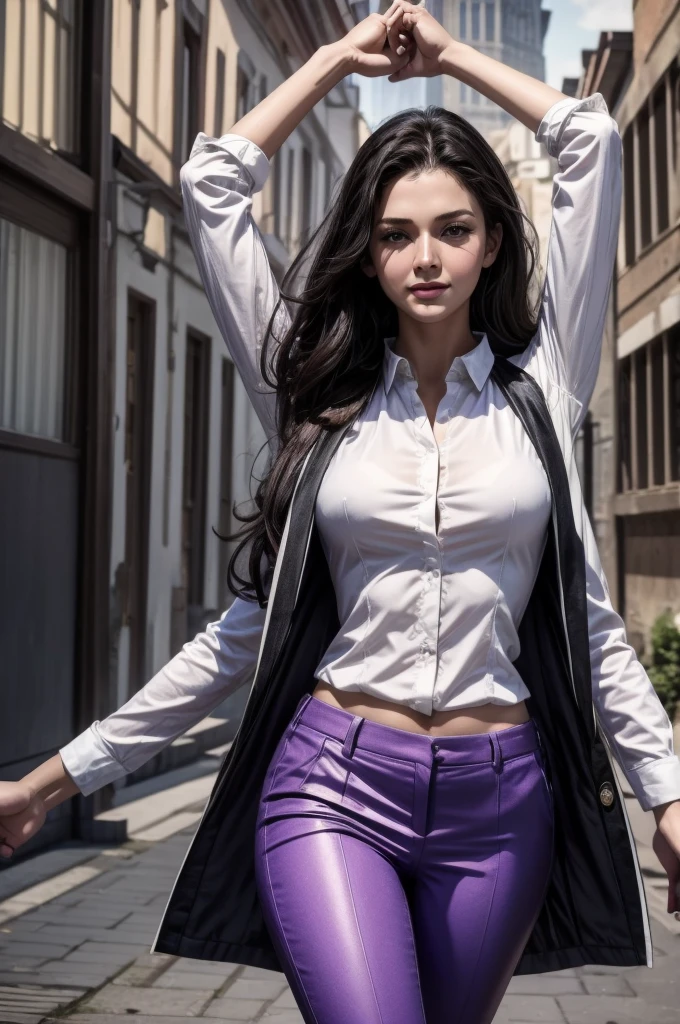 masterpiece, best quality, extremely detailed, hyperrealistic:1.1, photorealistic, a beautiful 20s russian model, ultra detailed face:1.1, white long sleeve shirt, purple pants:1.1, medium hair, black hair, extra arms:1.2, 10 arms:1.2, raising arms, intersection, in the night:1.1, laughing:1.1, dancing
