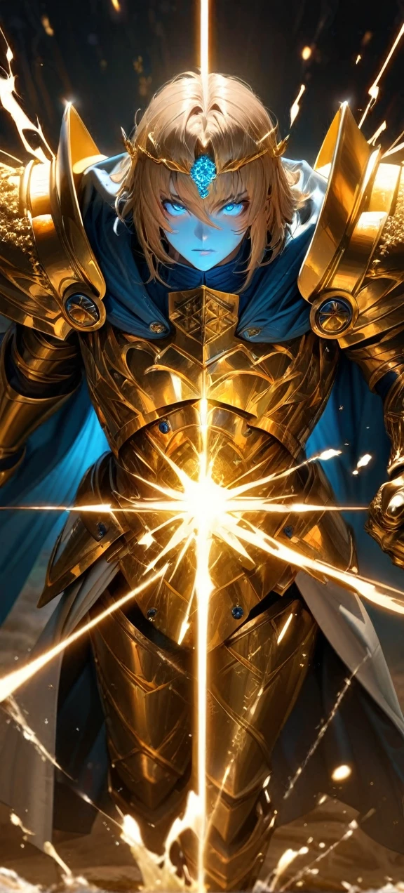 High quality, ultra realistic,absurdres, highres, ultra detailed, HDR, masterpiece, extremely detailed face and eyes, Sagitarius Seiya, Saint Saiya , Golden Armor, solo, ,man, handsome, ,white eyeleshes, blue eyes , , Golden splashing effect, Golden lightning effect,glowing glitters , symetrical