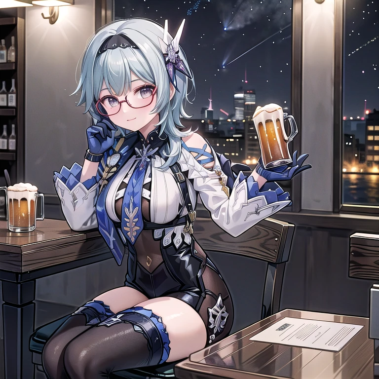 eula lawrence sozinha, sentada em uma mesa de bar, a noite, Starry sky, holding a mug of beer in his left hand, sorrindo, rosto corado, with prescription glasses, uma garrafa de cerveja na mesa ao lado